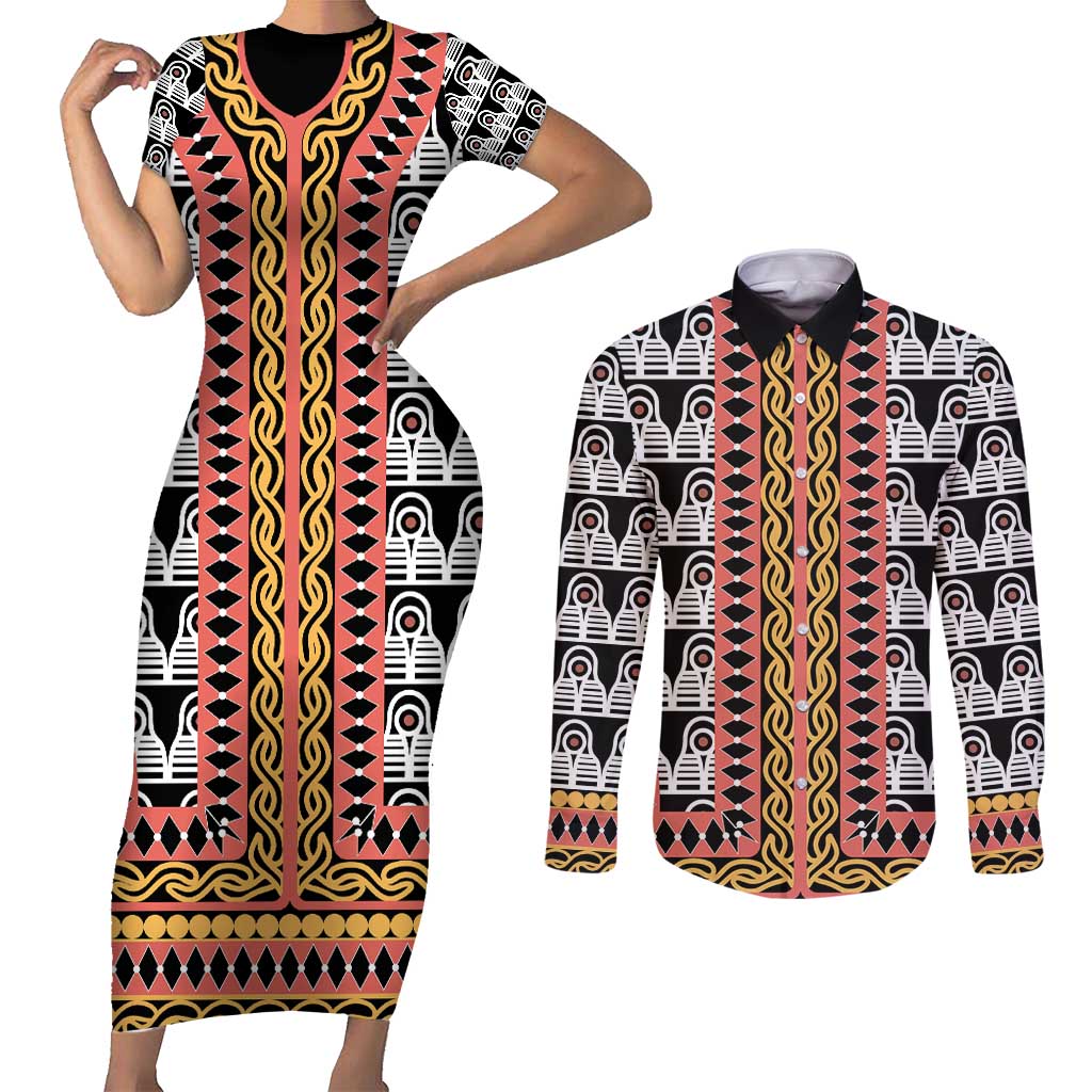 Cameroon Toghu Traditional Pattern Couples Matching Short Sleeve Bodycon Dress and Long Sleeve Button Shirt