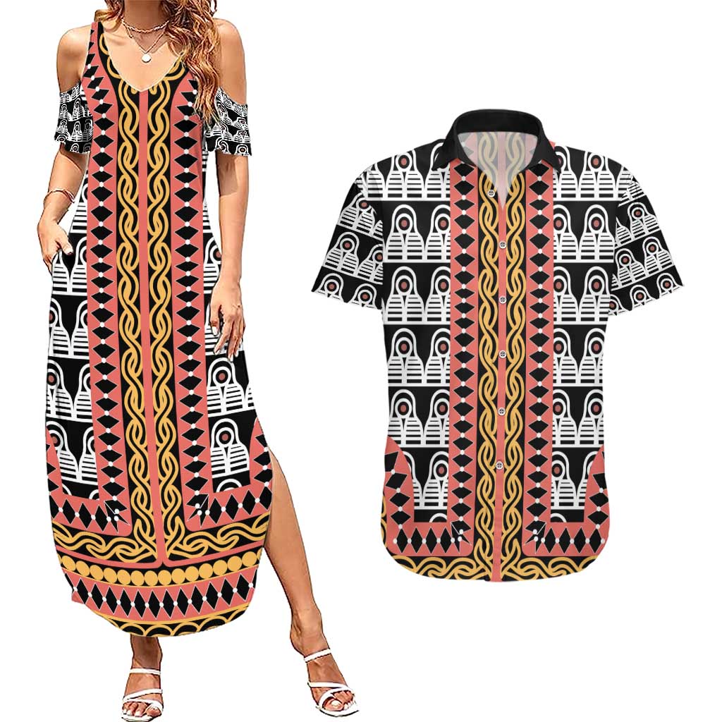 Cameroon Toghu Traditional Pattern Couples Matching Summer Maxi Dress and Hawaiian Shirt