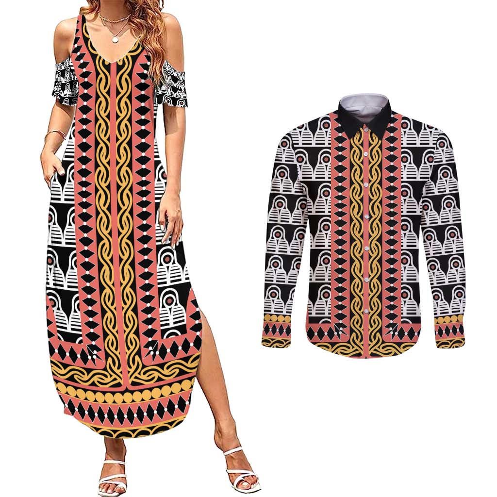 Cameroon Toghu Traditional Pattern Couples Matching Summer Maxi Dress and Long Sleeve Button Shirt