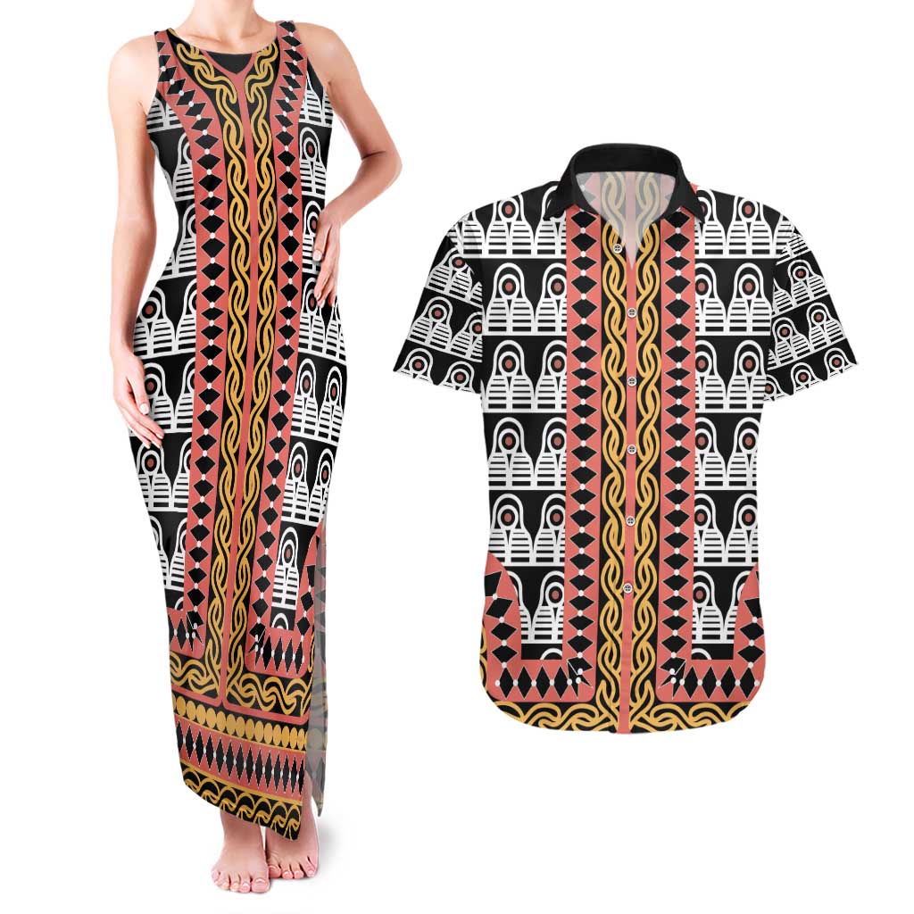 Cameroon Toghu Traditional Pattern Couples Matching Tank Maxi Dress and Hawaiian Shirt