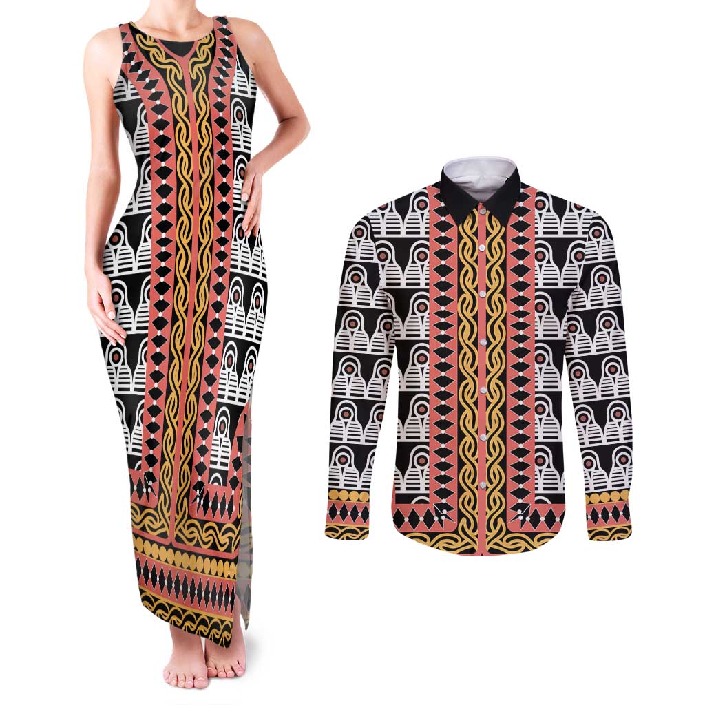 Cameroon Toghu Traditional Pattern Couples Matching Tank Maxi Dress and Long Sleeve Button Shirt