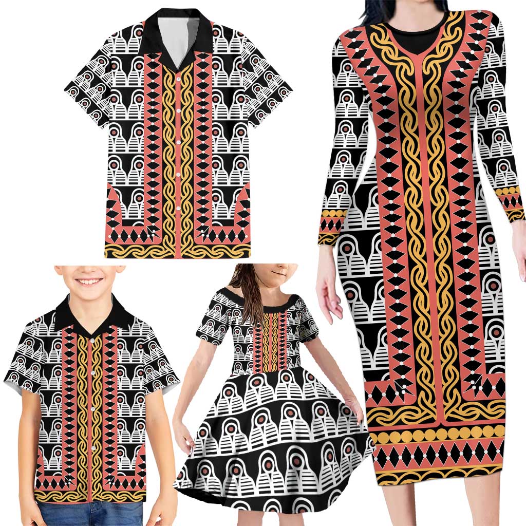 Cameroon Toghu Traditional Pattern Family Matching Long Sleeve Bodycon Dress and Hawaiian Shirt