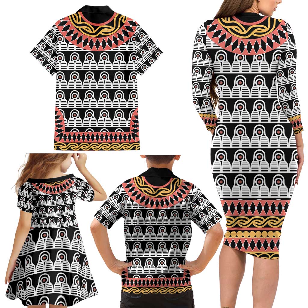 Cameroon Toghu Traditional Pattern Family Matching Long Sleeve Bodycon Dress and Hawaiian Shirt