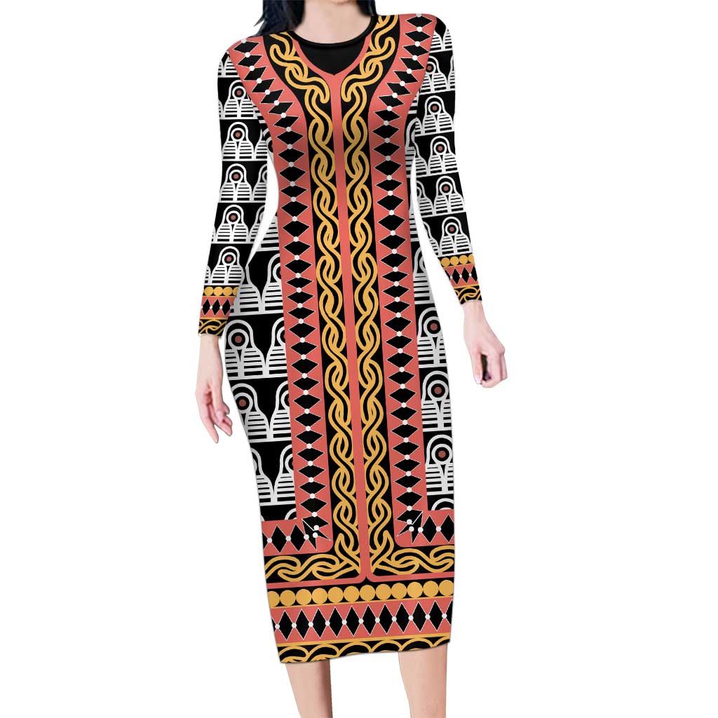 Cameroon Toghu Traditional Pattern Family Matching Long Sleeve Bodycon Dress and Hawaiian Shirt
