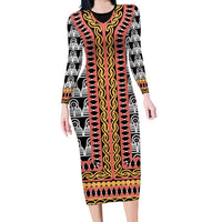 Cameroon Toghu Traditional Pattern Family Matching Long Sleeve Bodycon Dress and Hawaiian Shirt