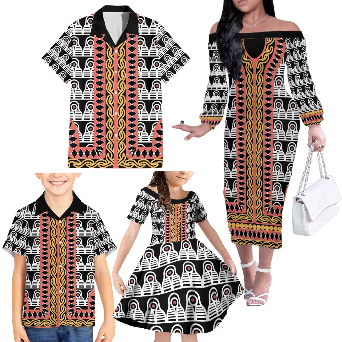 Cameroon Toghu Traditional Pattern Family Matching Off The Shoulder Long Sleeve Dress and Hawaiian Shirt