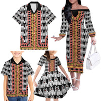 Cameroon Toghu Traditional Pattern Family Matching Off The Shoulder Long Sleeve Dress and Hawaiian Shirt