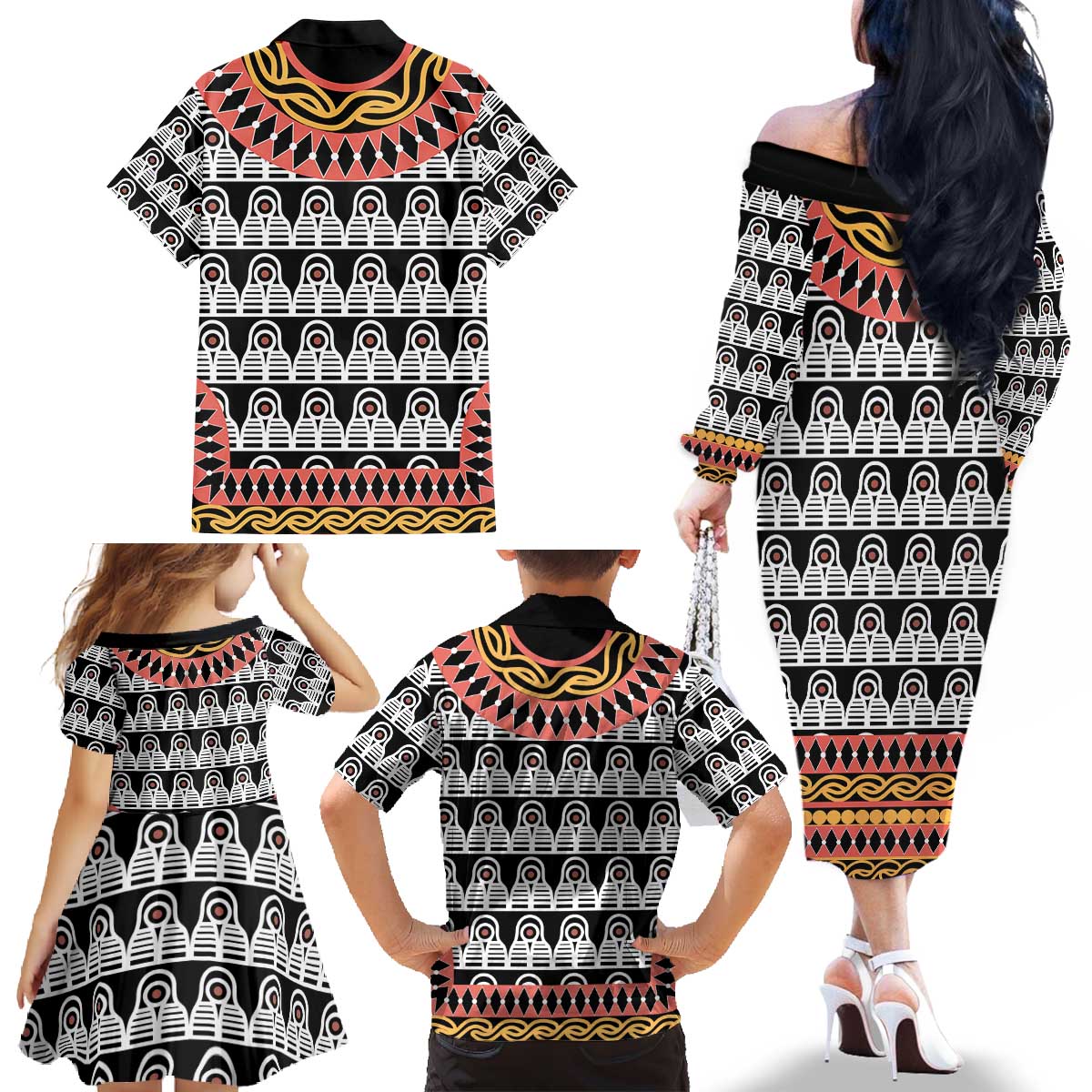 Cameroon Toghu Traditional Pattern Family Matching Off The Shoulder Long Sleeve Dress and Hawaiian Shirt