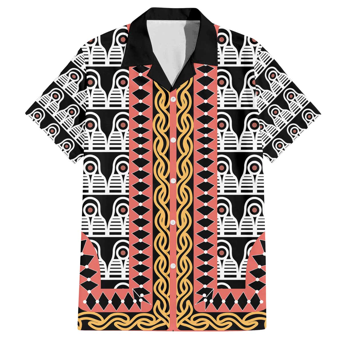 Cameroon Toghu Traditional Pattern Family Matching Off The Shoulder Long Sleeve Dress and Hawaiian Shirt