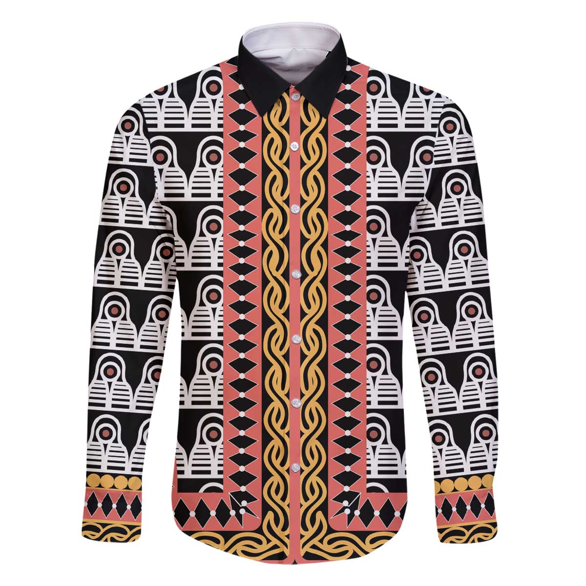 Cameroon Toghu Traditional Pattern Family Matching Off The Shoulder Long Sleeve Dress and Hawaiian Shirt