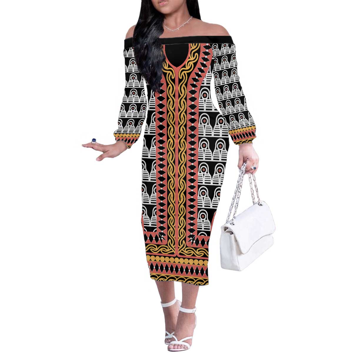 Cameroon Toghu Traditional Pattern Family Matching Off The Shoulder Long Sleeve Dress and Hawaiian Shirt