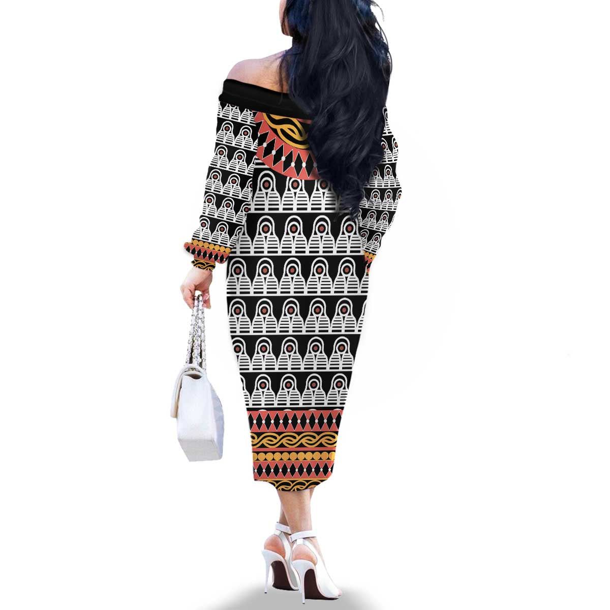 Cameroon Toghu Traditional Pattern Family Matching Off The Shoulder Long Sleeve Dress and Hawaiian Shirt