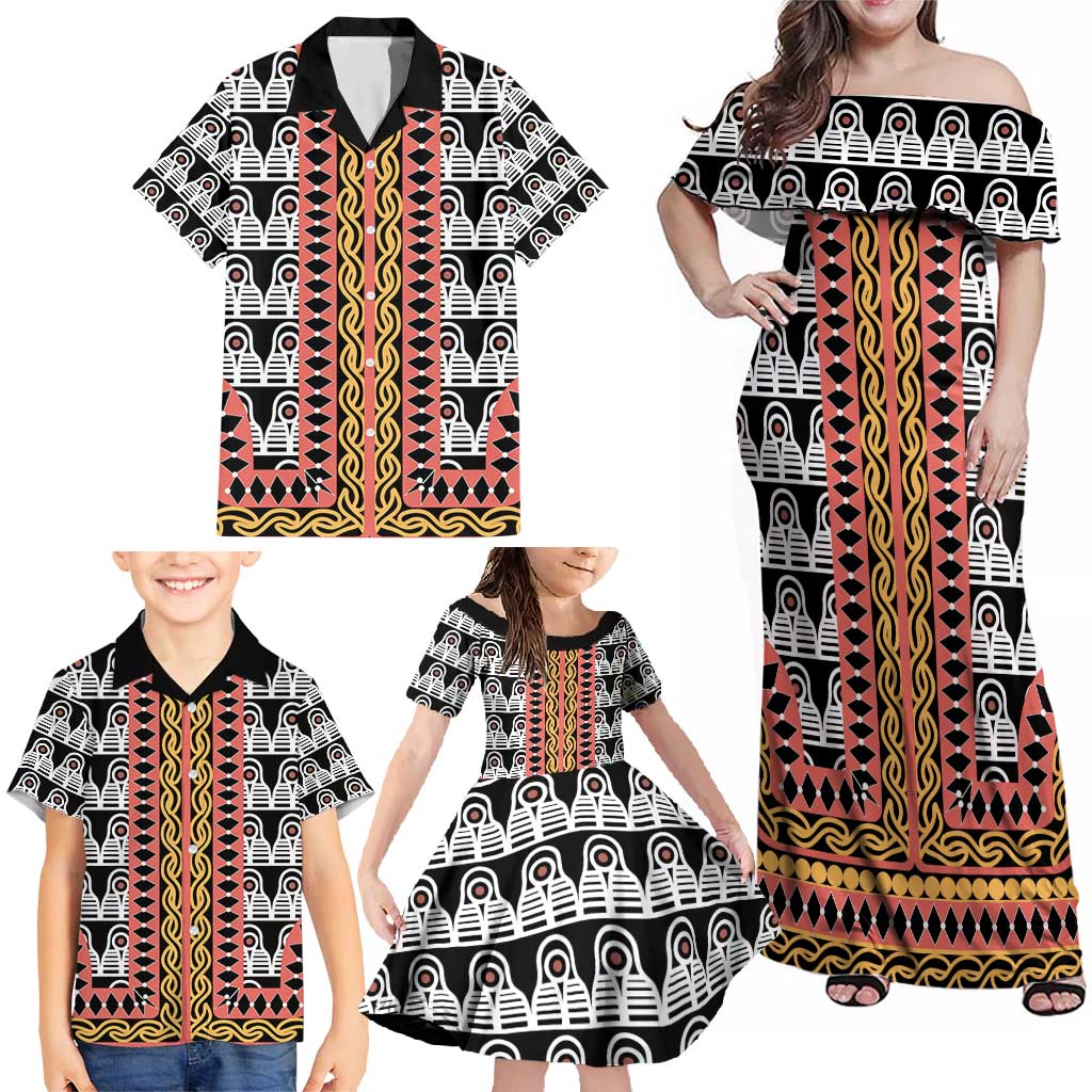 Cameroon Toghu Traditional Pattern Family Matching Off Shoulder Maxi Dress and Hawaiian Shirt
