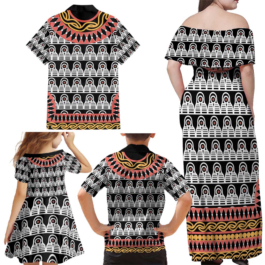 Cameroon Toghu Traditional Pattern Family Matching Off Shoulder Maxi Dress and Hawaiian Shirt