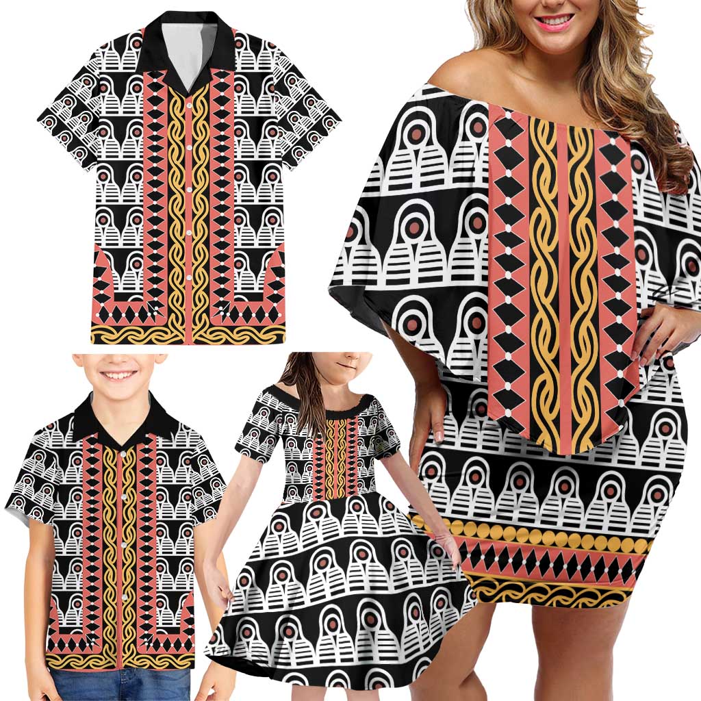 Cameroon Toghu Traditional Pattern Family Matching Off Shoulder Short Dress and Hawaiian Shirt