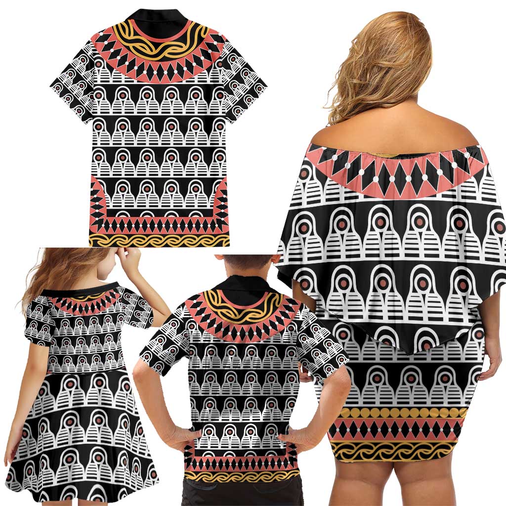 Cameroon Toghu Traditional Pattern Family Matching Off Shoulder Short Dress and Hawaiian Shirt