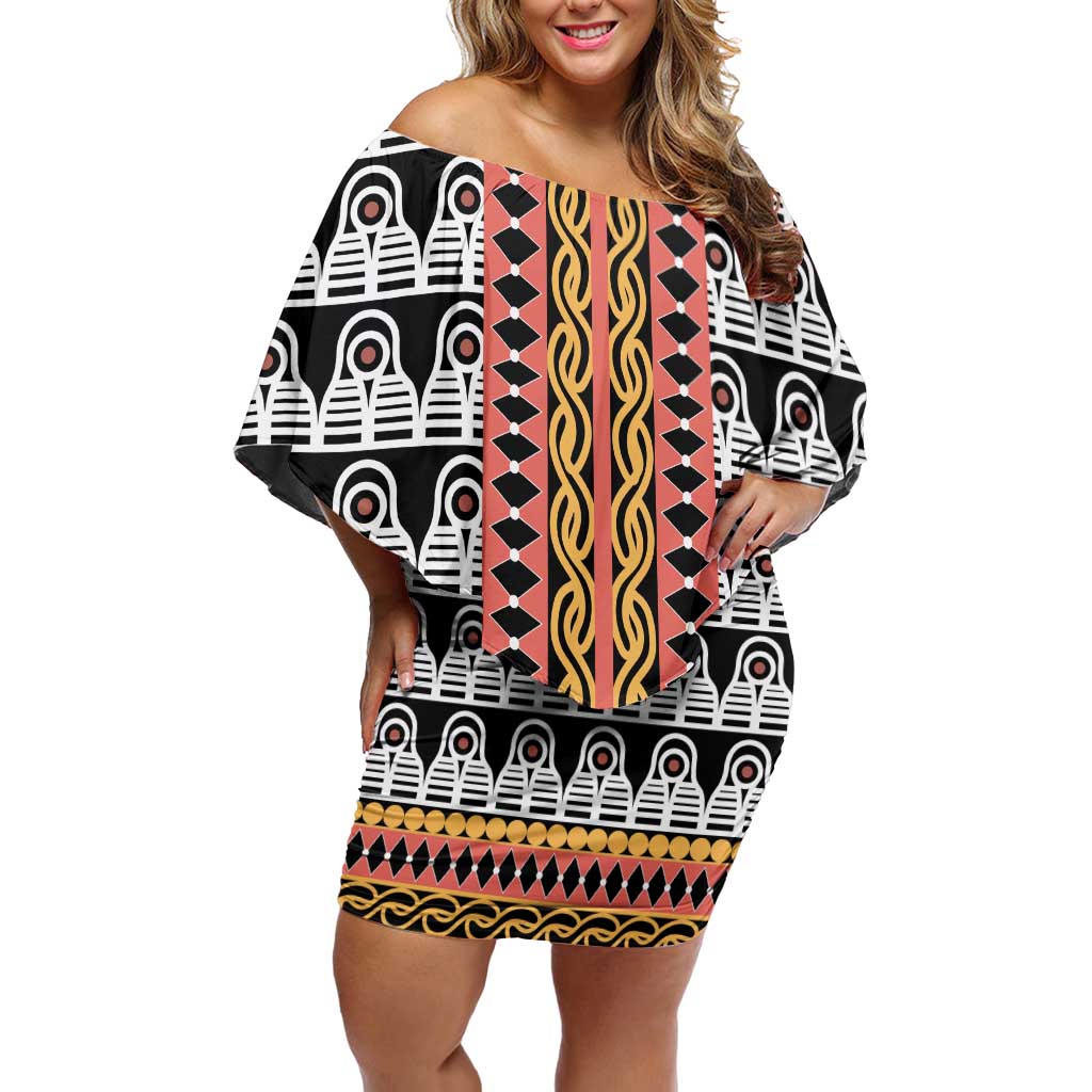 Cameroon Toghu Traditional Pattern Family Matching Off Shoulder Short Dress and Hawaiian Shirt