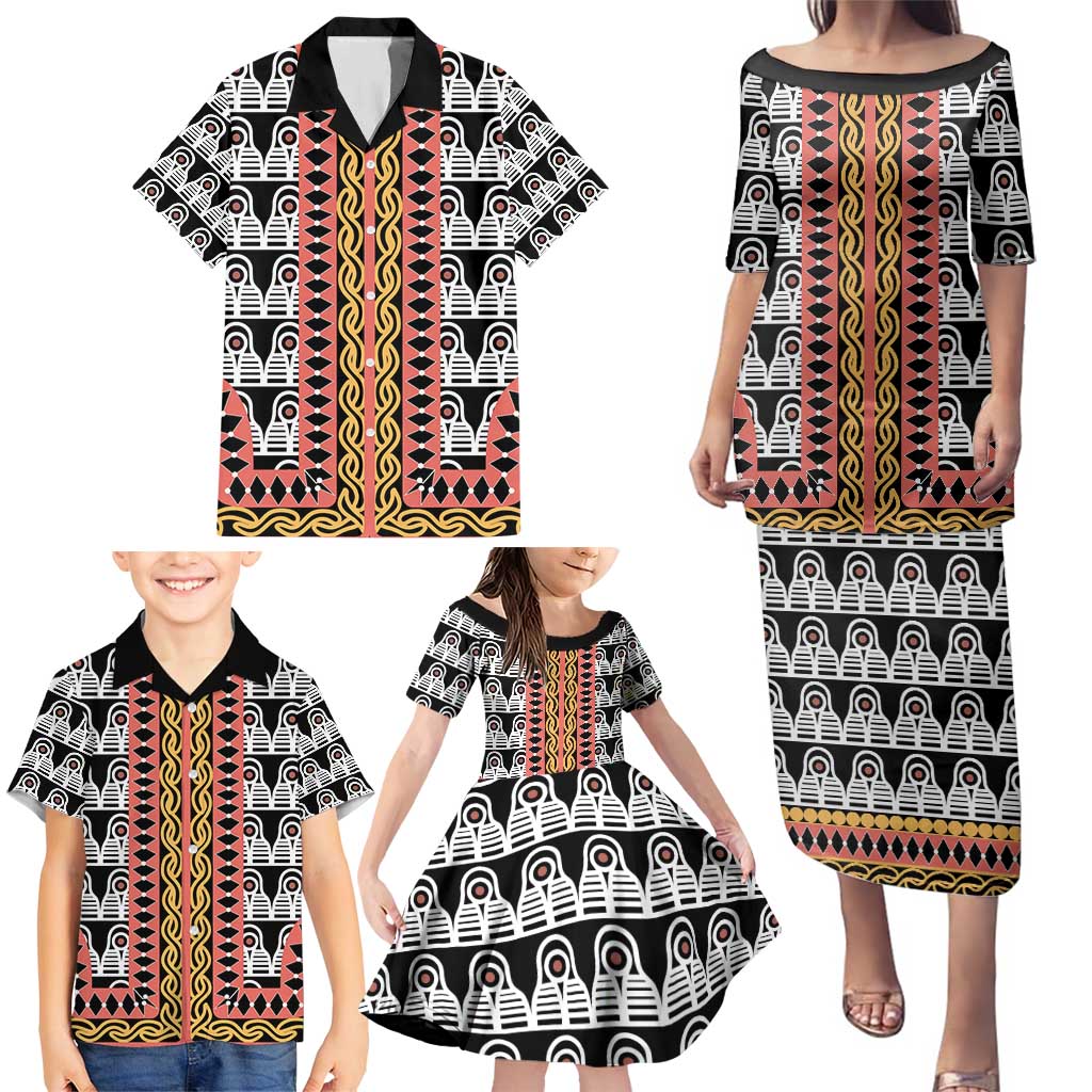 Cameroon Toghu Traditional Pattern Family Matching Puletasi and Hawaiian Shirt