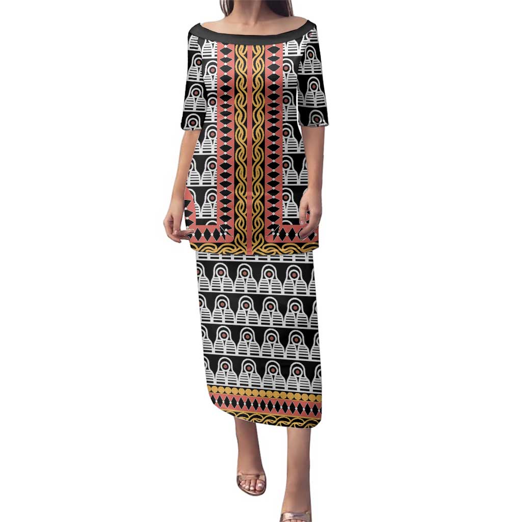 Cameroon Toghu Traditional Pattern Family Matching Puletasi and Hawaiian Shirt