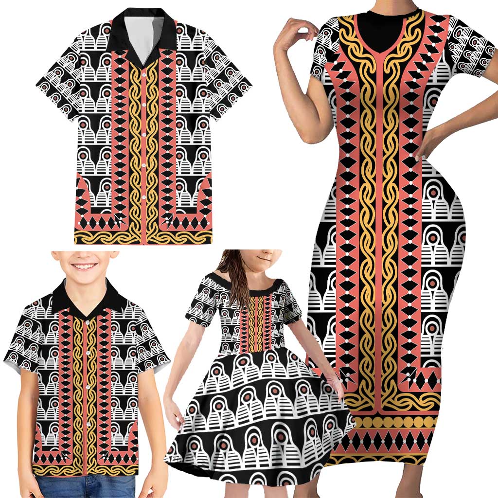 Cameroon Toghu Traditional Pattern Family Matching Short Sleeve Bodycon Dress and Hawaiian Shirt