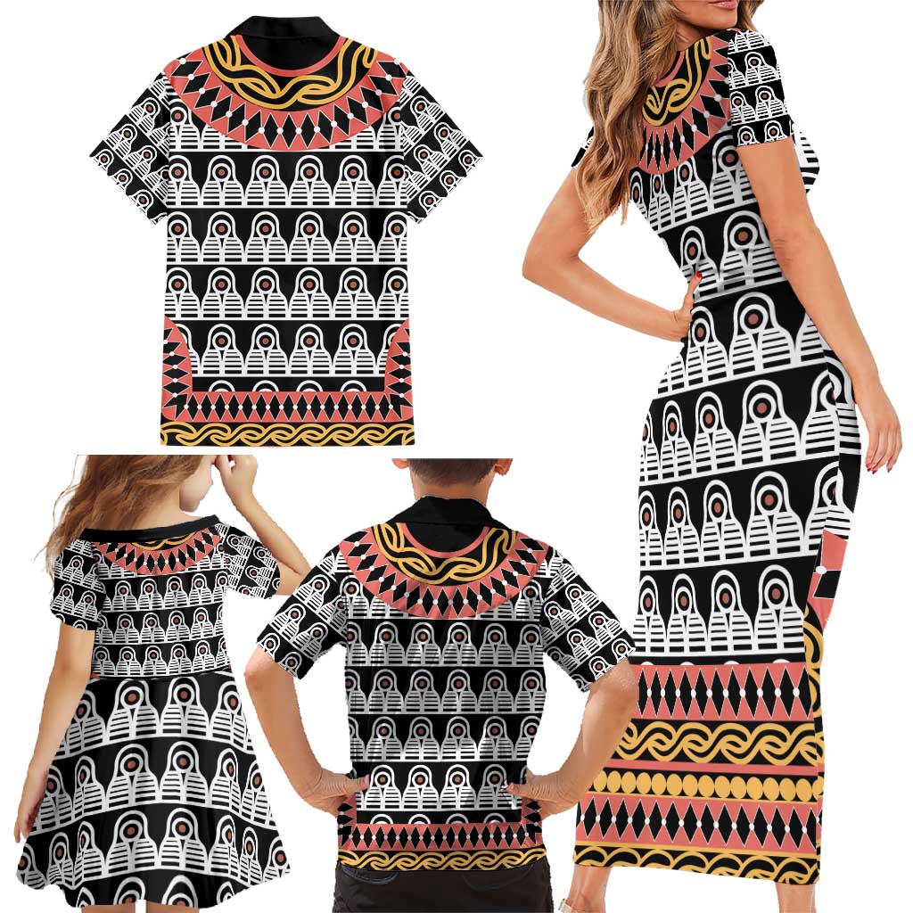 Cameroon Toghu Traditional Pattern Family Matching Short Sleeve Bodycon Dress and Hawaiian Shirt