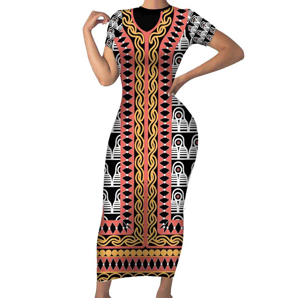 Cameroon Toghu Traditional Pattern Family Matching Short Sleeve Bodycon Dress and Hawaiian Shirt