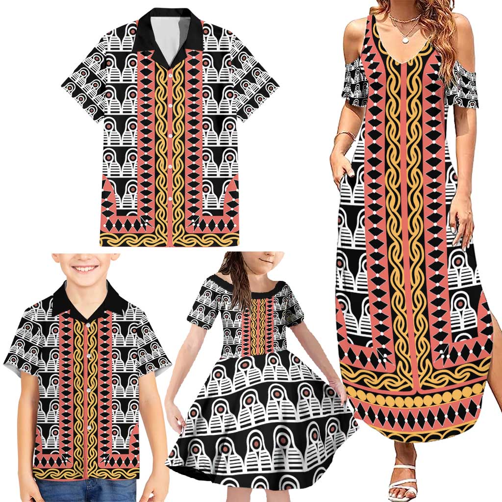 Cameroon Toghu Traditional Pattern Family Matching Summer Maxi Dress and Hawaiian Shirt