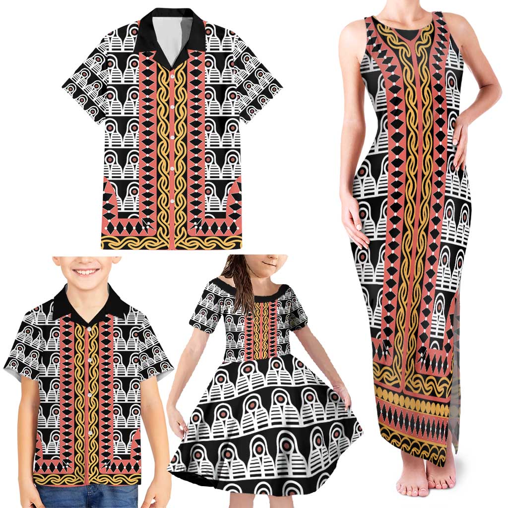 Cameroon Toghu Traditional Pattern Family Matching Tank Maxi Dress and Hawaiian Shirt
