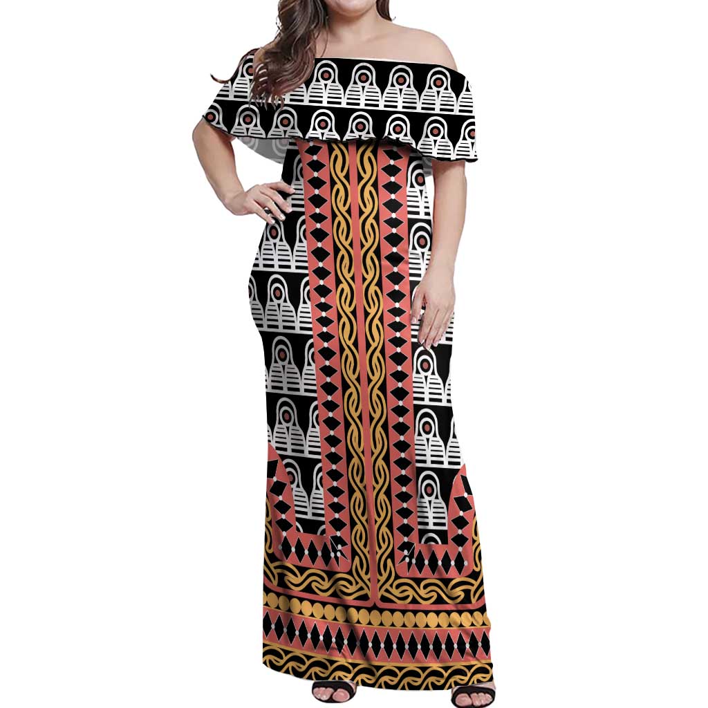 Cameroon Toghu Traditional Pattern Off Shoulder Maxi Dress