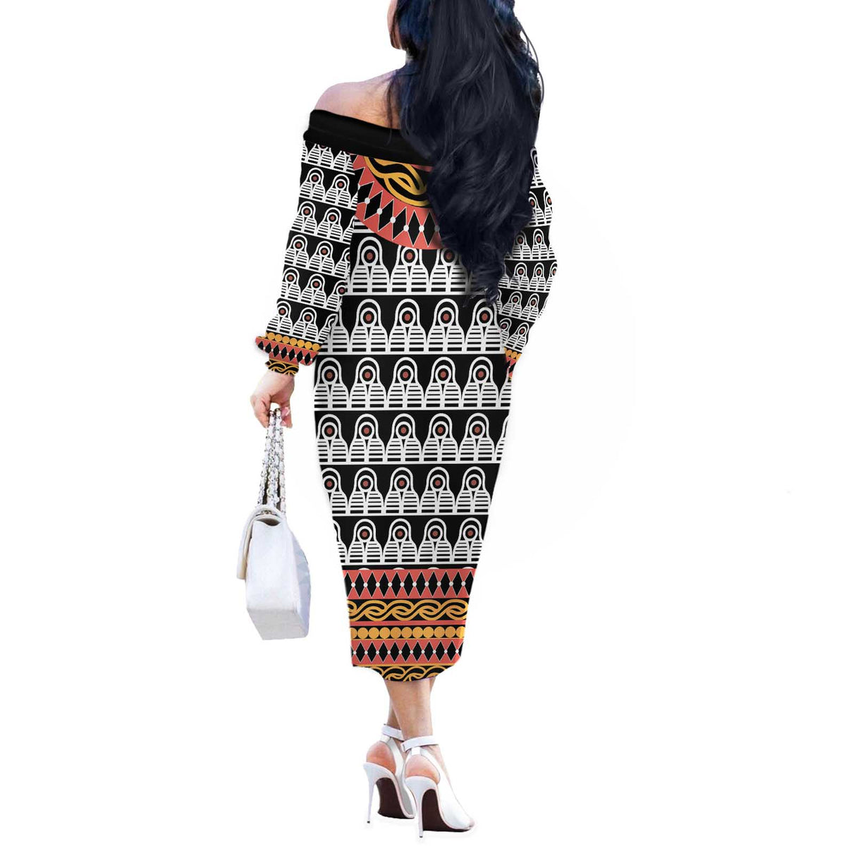 Cameroon Toghu Traditional Pattern Off The Shoulder Long Sleeve Dress