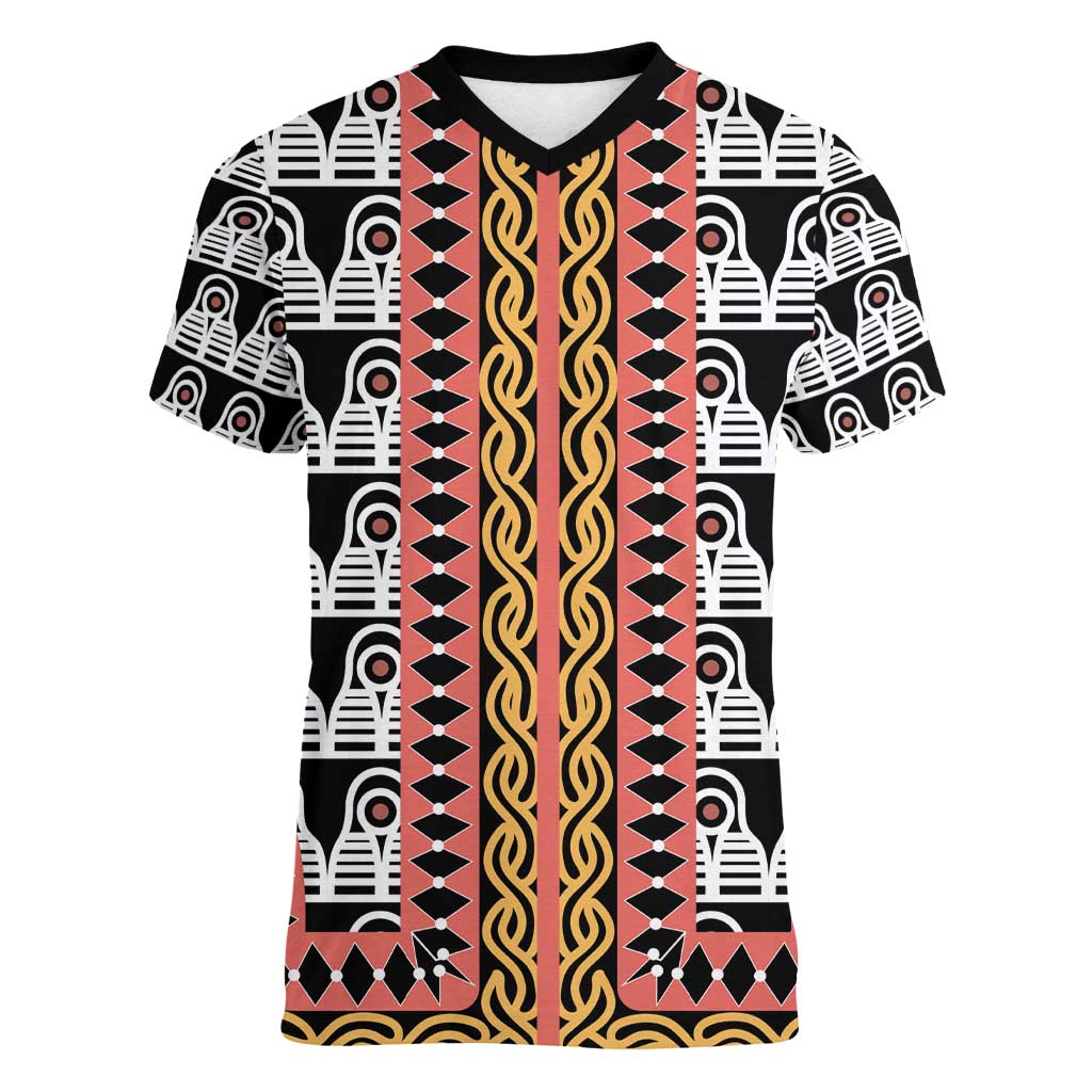 Cameroon Toghu Traditional Pattern Women V-Neck T-Shirt