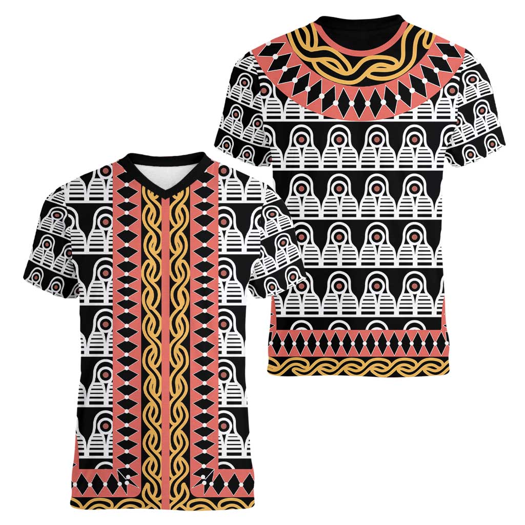 Cameroon Toghu Traditional Pattern Women V-Neck T-Shirt