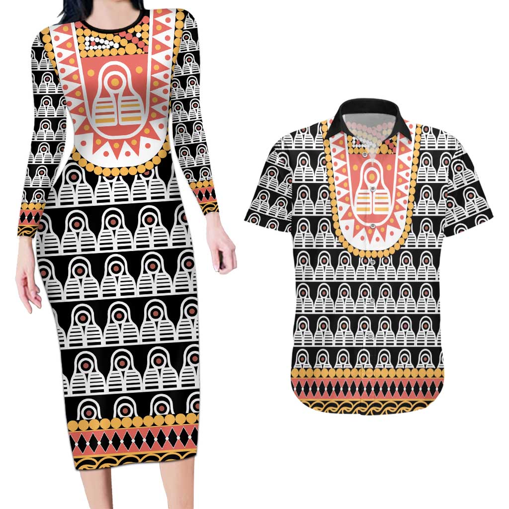 Cameroon Traditional Couples Matching Long Sleeve Bodycon Dress and Hawaiian Shirt Toghu Pattern