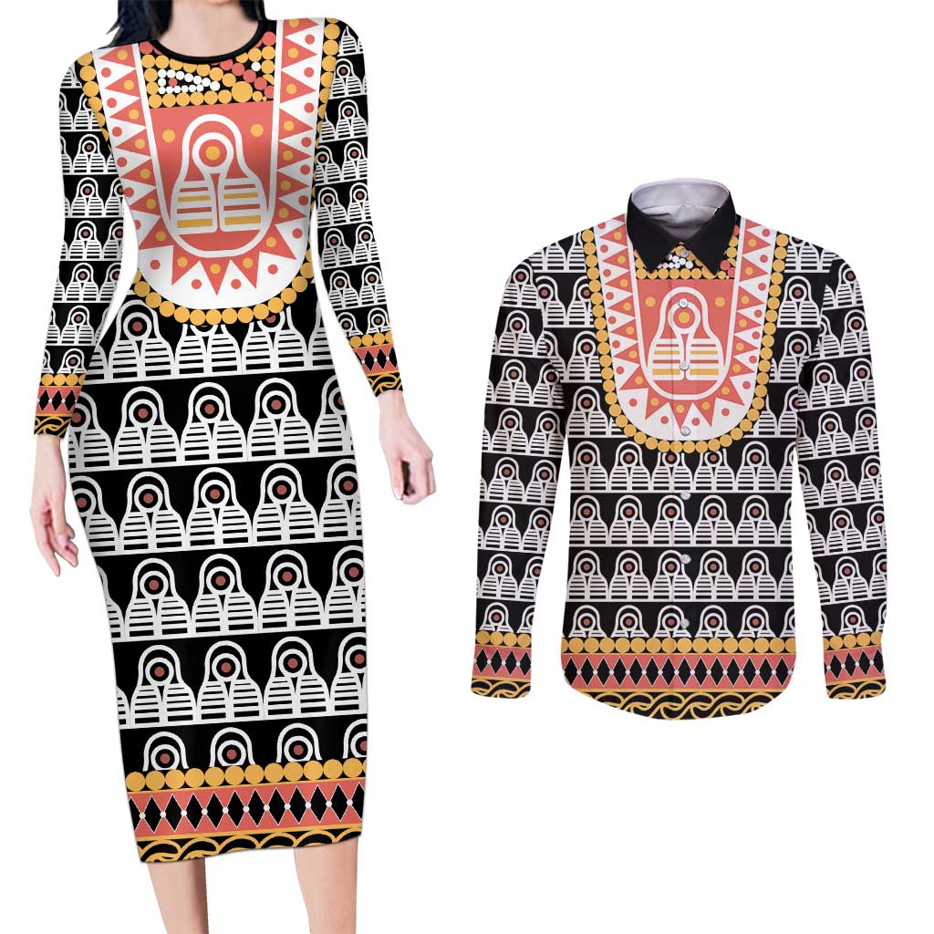 Cameroon Traditional Couples Matching Long Sleeve Bodycon Dress and Long Sleeve Button Shirt Toghu Pattern