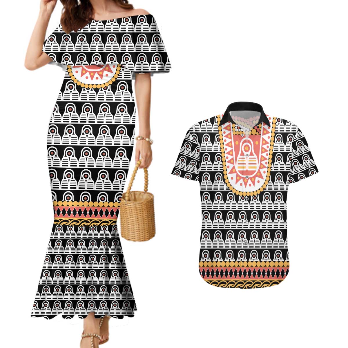 Cameroon Traditional Couples Matching Mermaid Dress and Hawaiian Shirt Toghu Pattern