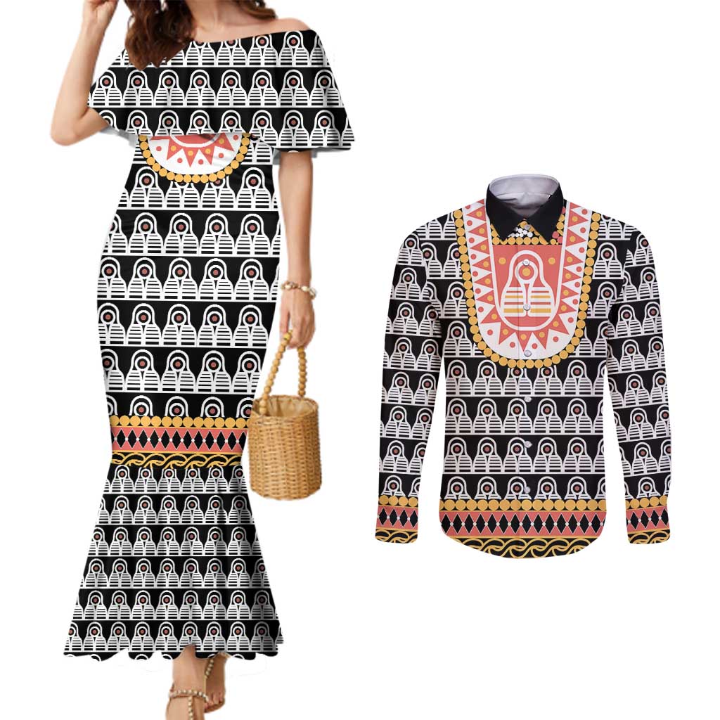 Cameroon Traditional Couples Matching Mermaid Dress and Long Sleeve Button Shirt Toghu Pattern