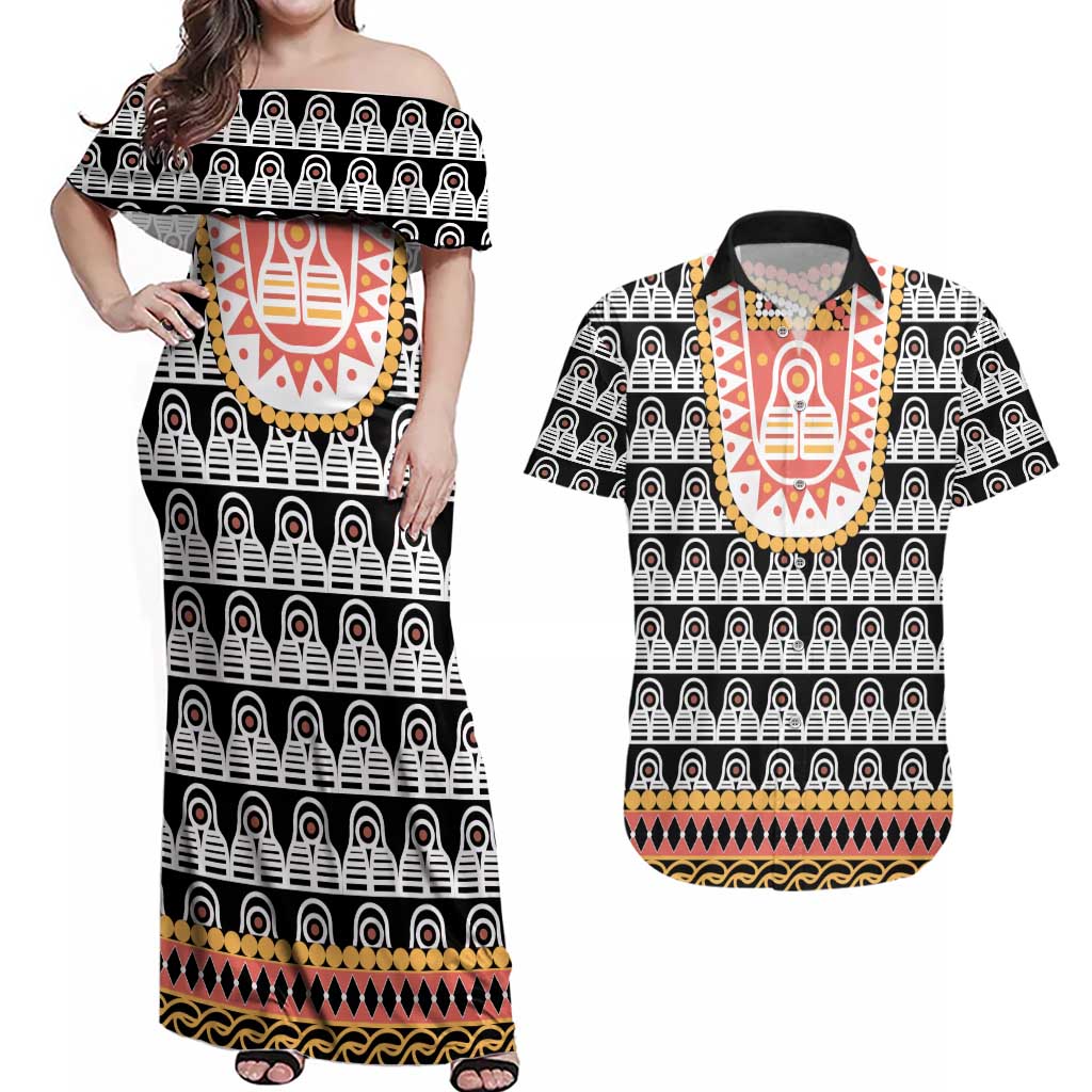 Cameroon Traditional Couples Matching Off Shoulder Maxi Dress and Hawaiian Shirt Toghu Pattern