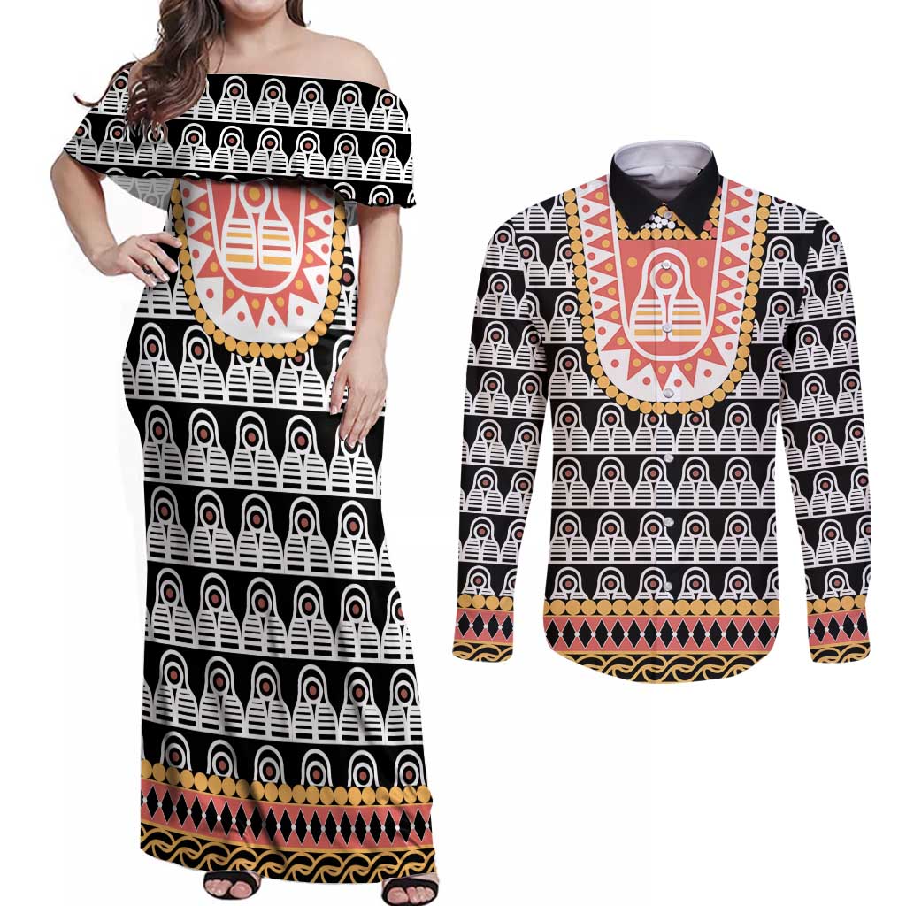 Cameroon Traditional Couples Matching Off Shoulder Maxi Dress and Long Sleeve Button Shirt Toghu Pattern