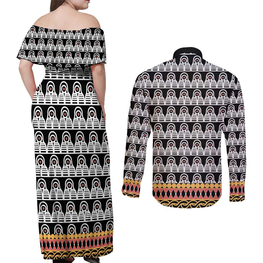 Cameroon Traditional Couples Matching Off Shoulder Maxi Dress and Long Sleeve Button Shirt Toghu Pattern