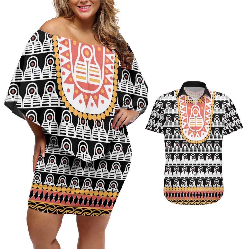 Cameroon Traditional Couples Matching Off Shoulder Short Dress and Hawaiian Shirt Toghu Pattern