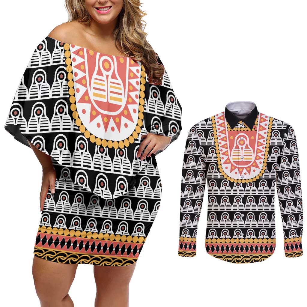Cameroon Traditional Couples Matching Off Shoulder Short Dress and Long Sleeve Button Shirt Toghu Pattern