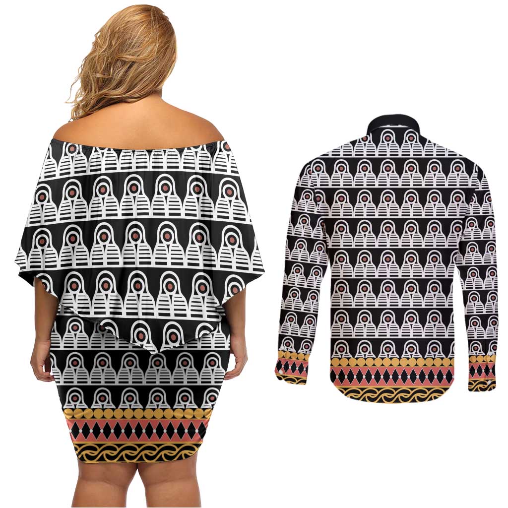 Cameroon Traditional Couples Matching Off Shoulder Short Dress and Long Sleeve Button Shirt Toghu Pattern