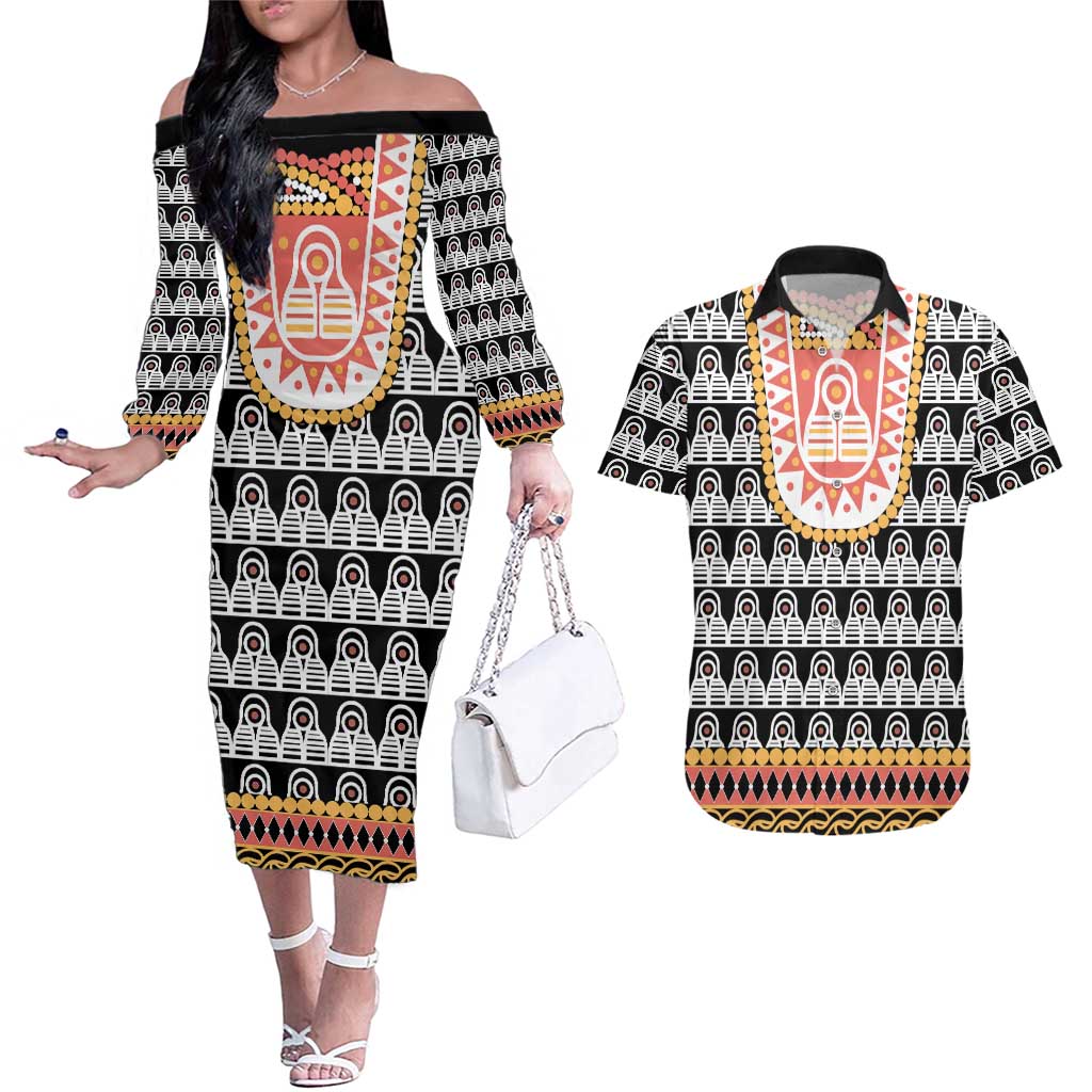 Cameroon Traditional Couples Matching Off The Shoulder Long Sleeve Dress and Hawaiian Shirt Toghu Pattern