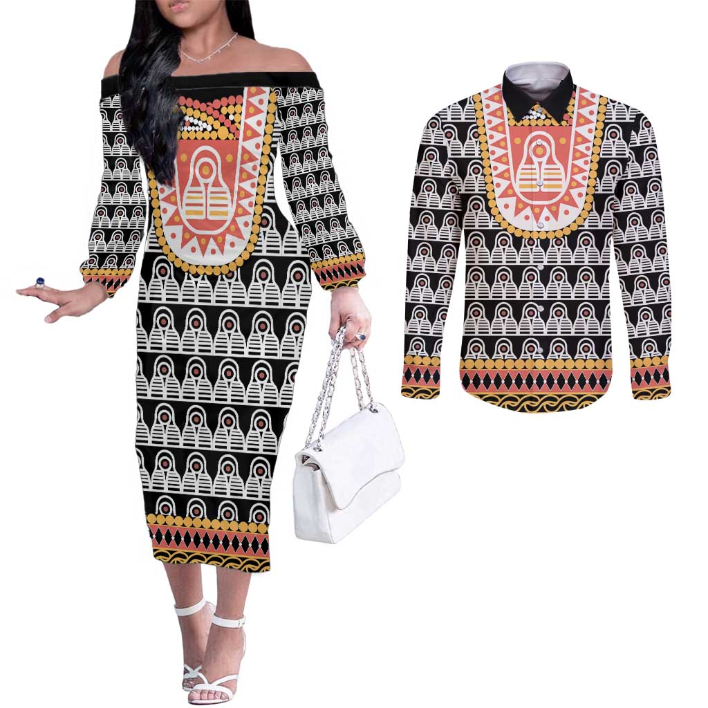 Cameroon Traditional Couples Matching Off The Shoulder Long Sleeve Dress and Long Sleeve Button Shirt Toghu Pattern
