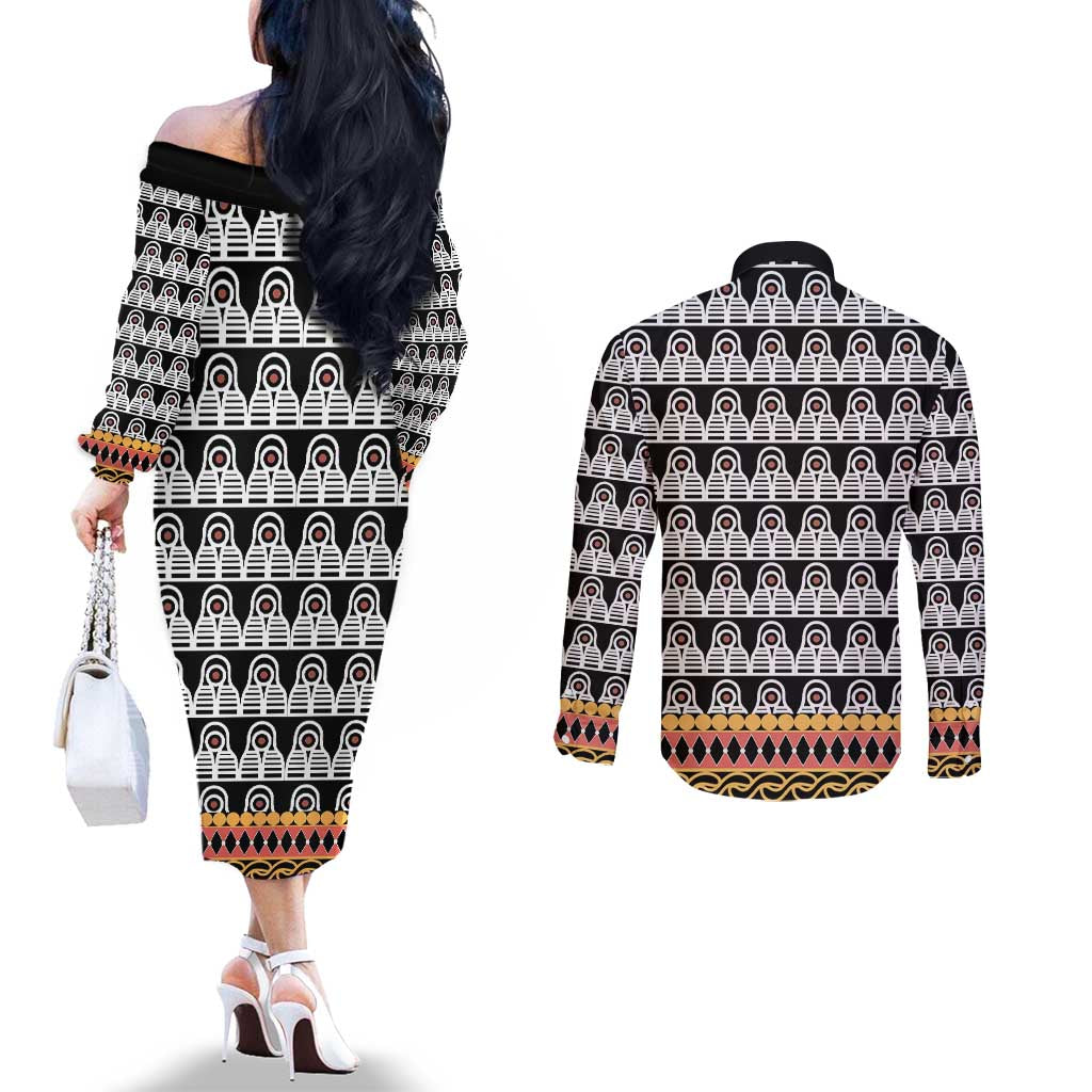 Cameroon Traditional Couples Matching Off The Shoulder Long Sleeve Dress and Long Sleeve Button Shirt Toghu Pattern