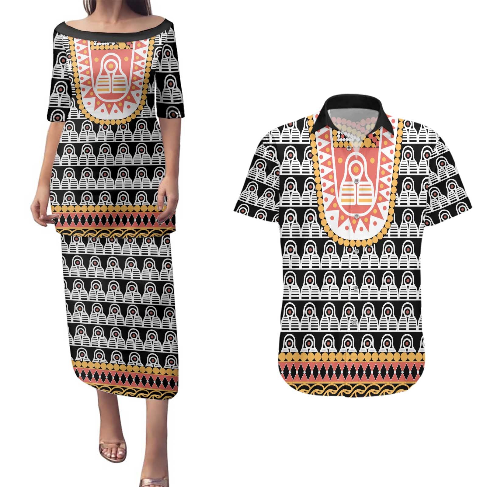 Cameroon Traditional Couples Matching Puletasi and Hawaiian Shirt Toghu Pattern