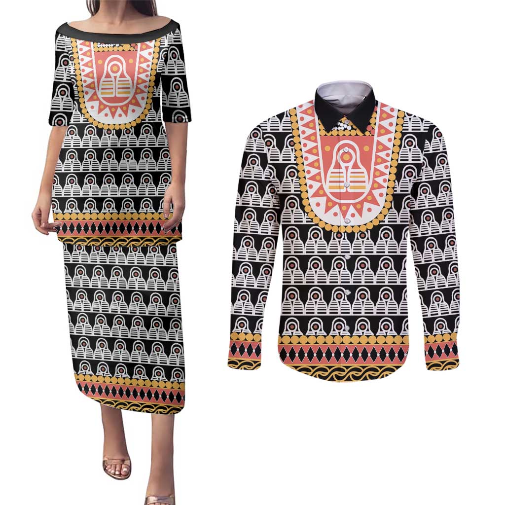 Cameroon Traditional Couples Matching Puletasi and Long Sleeve Button Shirt Toghu Pattern