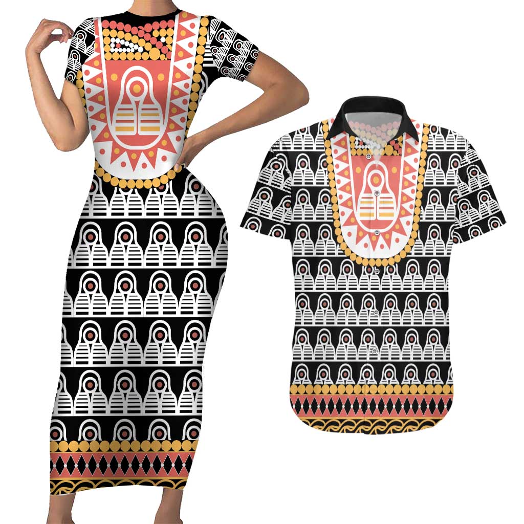 Cameroon Traditional Couples Matching Short Sleeve Bodycon Dress and Hawaiian Shirt Toghu Pattern