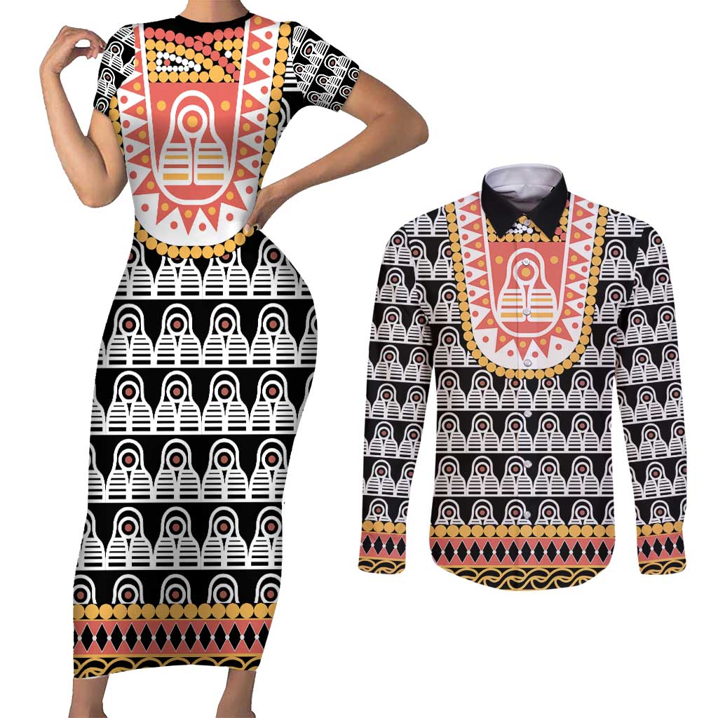 Cameroon Traditional Couples Matching Short Sleeve Bodycon Dress and Long Sleeve Button Shirt Toghu Pattern