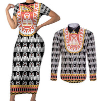 Cameroon Traditional Couples Matching Short Sleeve Bodycon Dress and Long Sleeve Button Shirt Toghu Pattern